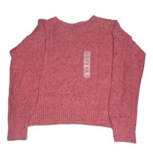 NWT, Women's XS Pink Textured Cable Knit Sweater with Pom Pom Details